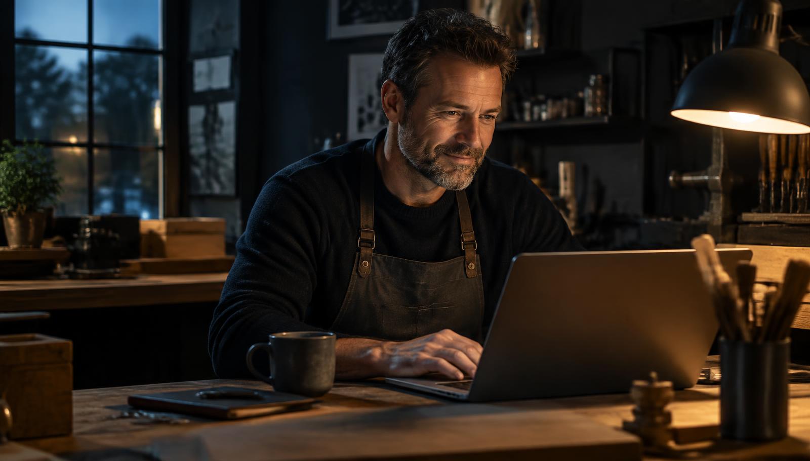 Small business owner reviewing payments on a laptop in his workshop